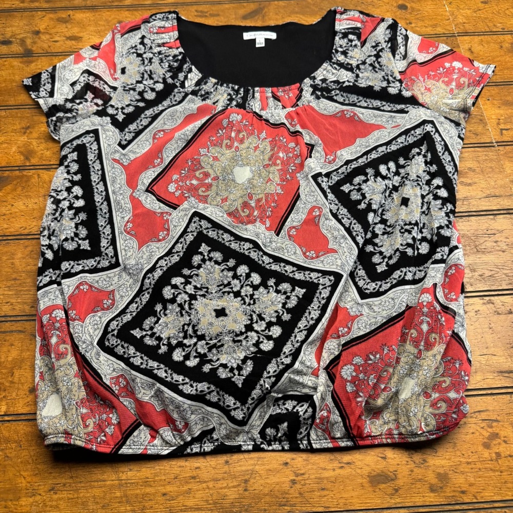 Croft & Barrow Womens Multicolor Scarf Print Short Sleeve Top‎ Size L